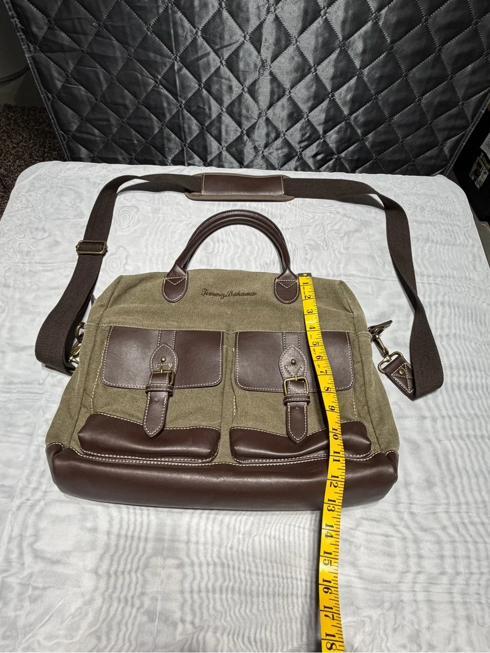 Tommy Bahama Olive Canvas Messenger with Brown Leather Trim